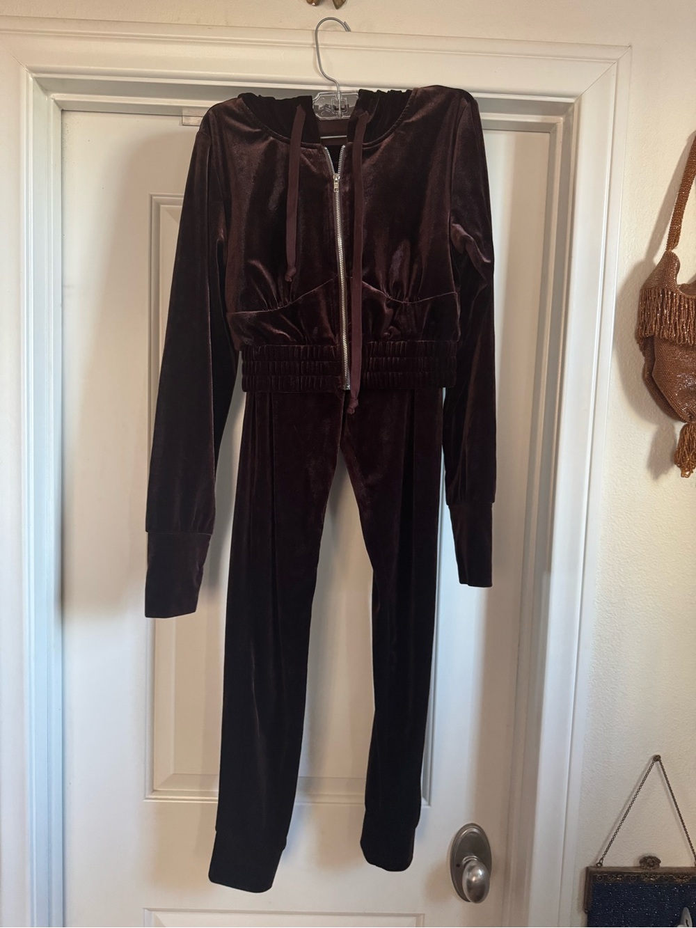 Fashion Nova Women's Velvet Track Jumpsuit in Dark Brown Size S